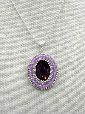 Hand Crafted Silver Necklace with Purple Oval Gemstone Pendant